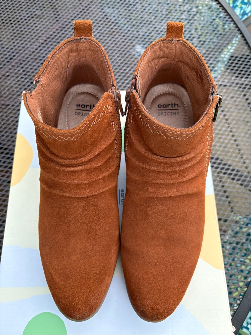 Earth Origins Collette Cheryl Cognac Suede Ankle Booties with Side Zip